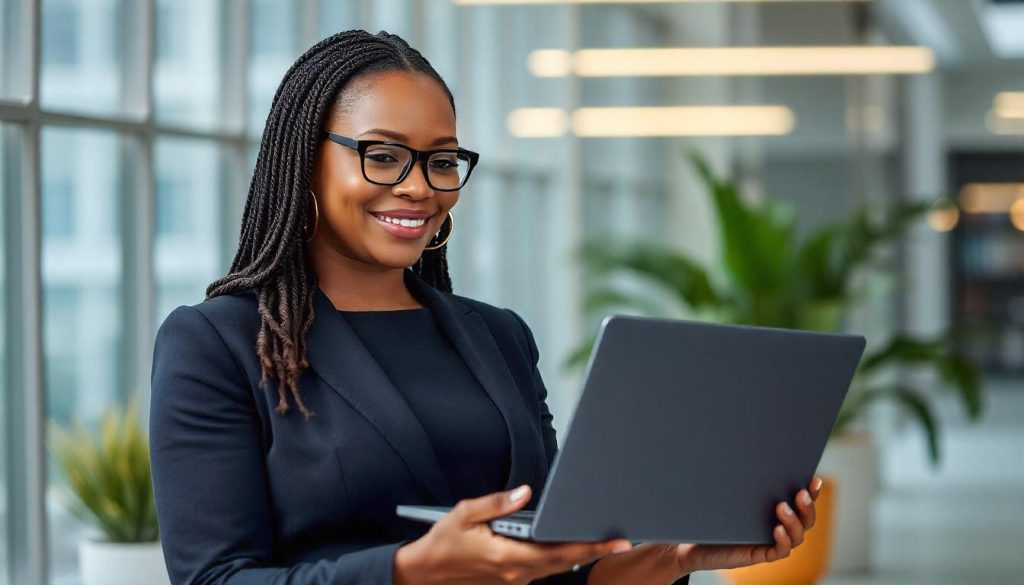 An African America-executive lady holding a laptop
